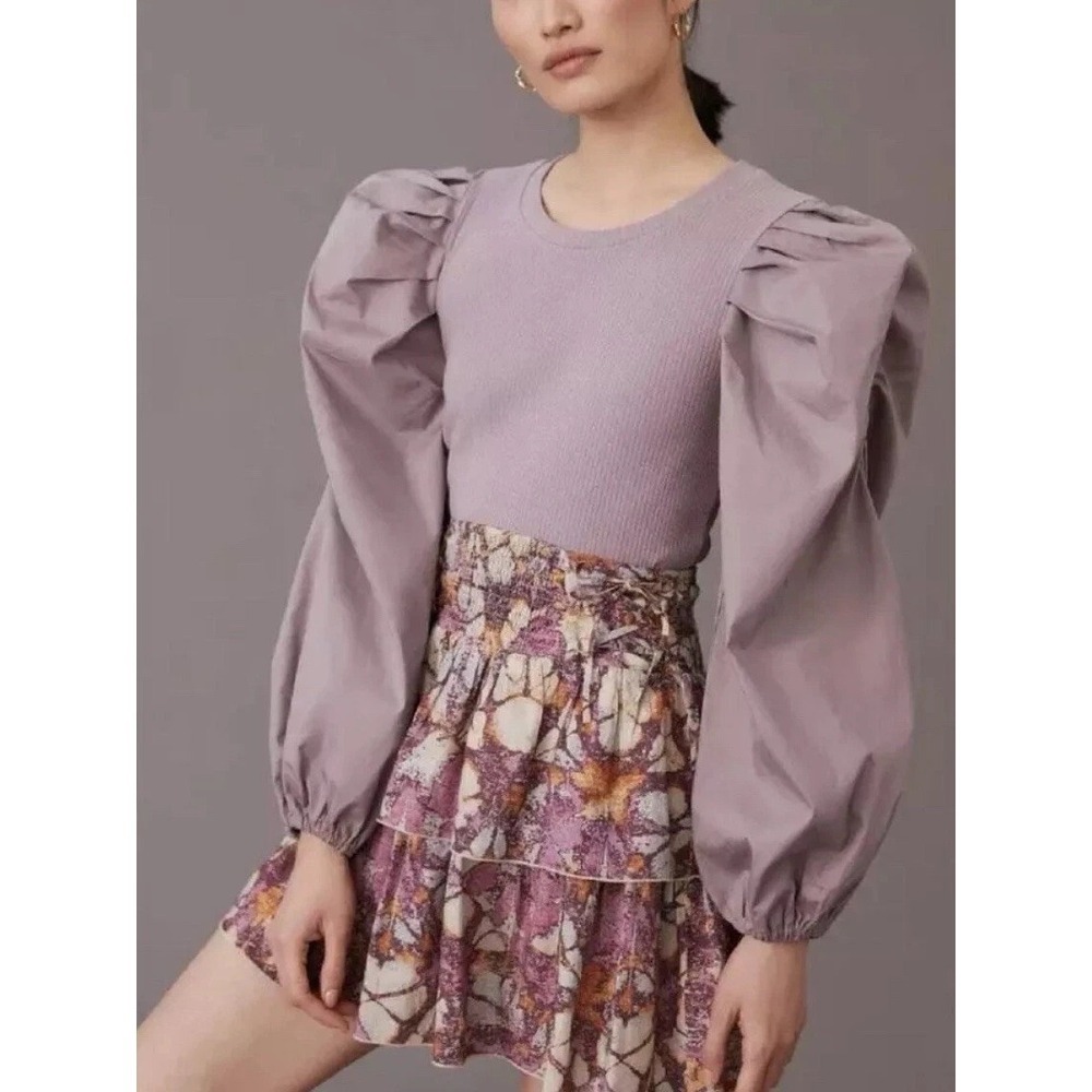 Anthropologie Lea & Viola Puff Sleeve Women's Lavender XS Cotton Blouse NWT‎
